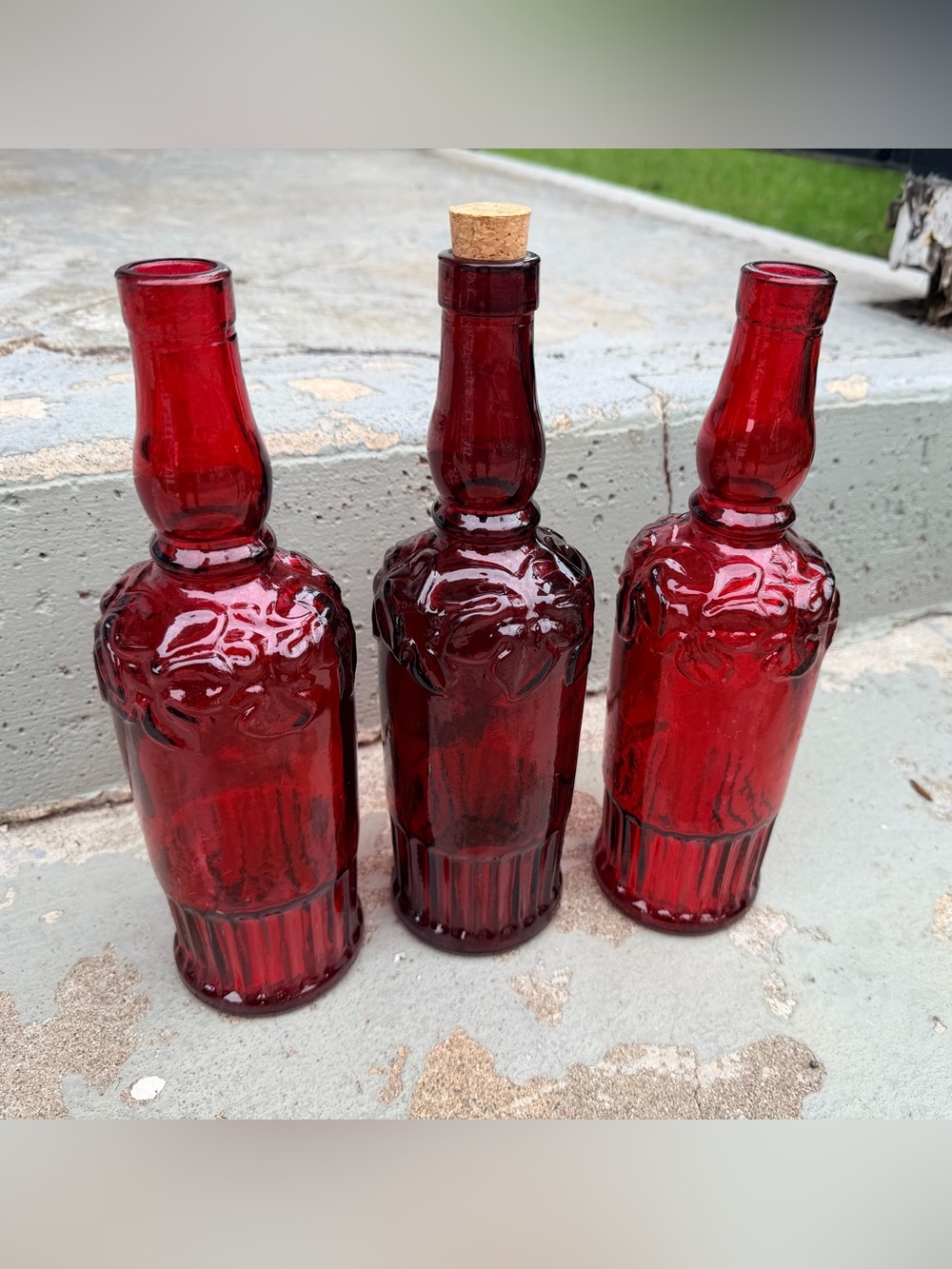Pier 1 Red Embossed Glass Bottle Vases (Set of 3)
